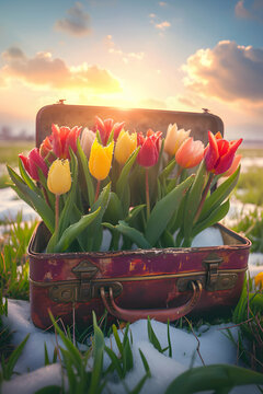 Fototapeta Vintage suitcase with colorful tulip flowers and blooms lying on the meadow with the rests of the melting snow and grass growing. Concept of spring coming and winter leaving.