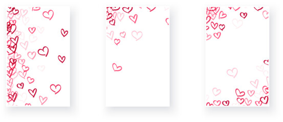trio of vertical vector cards, each adorned with a gradient of sketched hearts