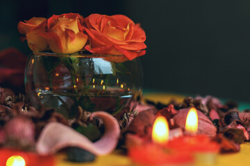 Bouquet of roses, candles and gifts, card for February 14, St. Valentine, March 8, wedding, birthday, mother's day, blurred background, foquet.