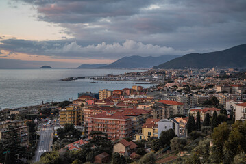 a top vie of the city with the sea in Puietra Ligure in Italy