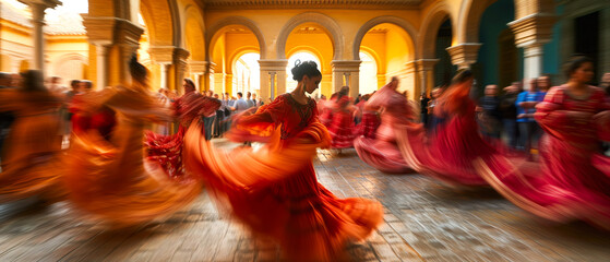 Beautiful Hispanic woman in red traditional dress dancing flamenco in the street, crowd of spectators enjoy sensual dance. Spanish culture concept