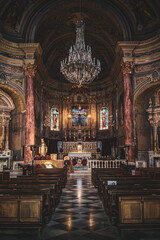 A vertical camera shot inside the beautiful Church - San Pietro (Borgio, Borgio Verezzi), Italy, Liguria, no people