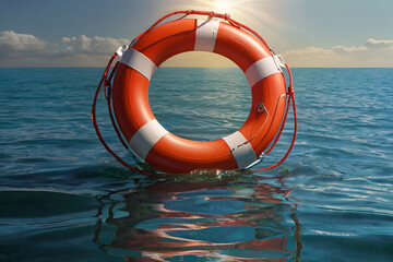 Hopeful seascape. Lifebuoy floating on the sea with sun rays, offering a message of safety and optimism. 