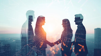 Double exposure image of business people handshake on city office building in background showing partnership success of business deal. Concept of corporate teamwork, trust partner and work agreement.