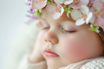 Obraz na płótnie Canvas Close-up portrait of a beautiful sleeping baby on white.