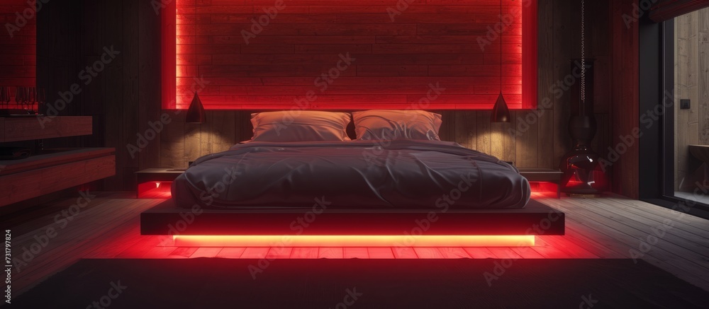 Canvas Prints A vehicle-themed bedroom featuring a rectangular bed with floor-level red lights, inspired by automotive lighting and design.