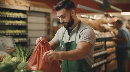 Fototapeta premium Grocery store cashier packing food into a reusable bag, eco friendly Sustainable business concept, go green