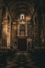 A vertical camera shot inside the beautiful Church - San Pietro (Borgio, Borgio Verezzi), Italy,...