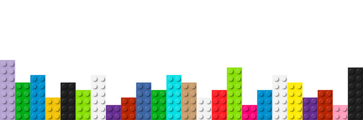 Colored plastic toy bricks on white background. Realistic vector bricks with free space for your text. Abstract banner