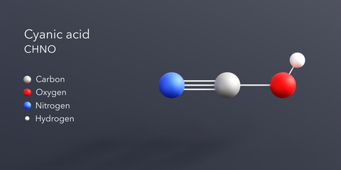 cyanic acid molecule 3d rendering, flat molecular structure with chemical formula and atoms color coding