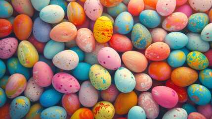 Fototapeta na wymiar Minimal Easter background with bunch of colorful easter eggs. Color explosion