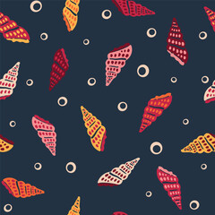Marine seamless pattern. Vintage background with seashells and bubbles. Retro textile print in style of flat illustration. Vector surface design for fabric, gift wrapper, wallpaper.