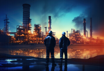 Engineers wearing safety uniform and helmet looking at oil refinery factory at evening.