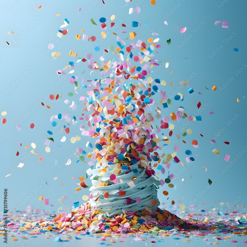 Poster a colorful background with confetti on a white background and a colorful confetti in the image