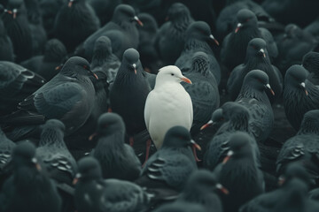 White bird standing out among black birds