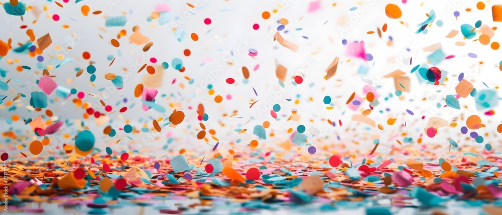Poster a colorful background with confetti on a white background and a colorful confetti in the image