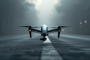 FPV drone ready for takeoff in mist