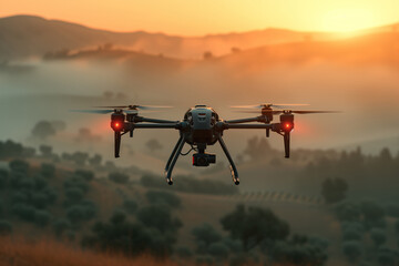 Fototapeta na wymiar FPV drone over misty hills at dawn