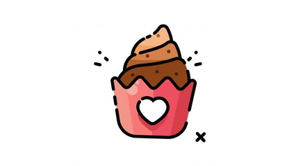 Animated cupcake with heart design suitable for Valentines Day, anniversary, birthday, or lovethemed designs, cards, and social media posts. Romantic, sweet, festive.