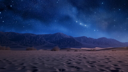 Desert with distant mountains under a starry night sky
