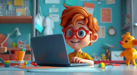 3d rendering boy characters working at desk with laptop - obrazy, fototapety, plakaty