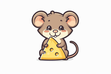 Cute mouse eating cheese illustration vector, white background