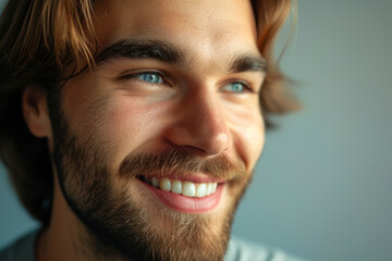 Obraz premium Close up shot of cheerful satisfied attractive male with stubble.