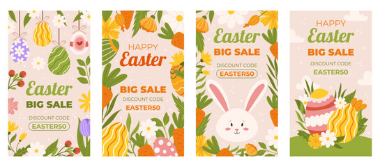 Fototapeta na wymiar Easter collection of vertical social media template for shopping sale. Design with floral frames, painted eggs, carrot and bunny. Flat hand drawn illustrations for promoting.
