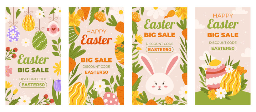 Easter collection of vertical social media template for shopping sale. Design with floral frames, painted eggs, carrot and bunny. Flat hand drawn illustrations for promoting.
