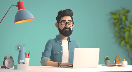 3d rendering male characters working at desk with laptop - obrazy, fototapety, plakaty