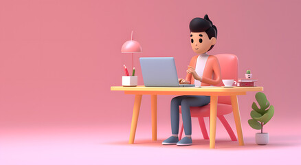 3d rendering male characters working at desk with laptop