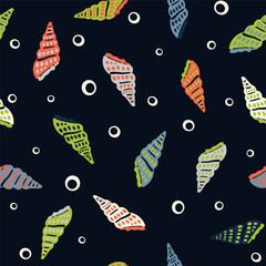 Marine seamless pattern. Vintage background with seashells and bubbles. Retro textile print in style of flat illustration. Vector surface design for fabric, gift wrapper, wallpaper.