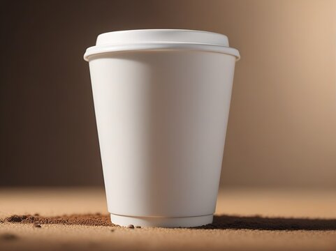 takeout plain white disposable paper coffee or tea cup with lid mockup for branding and logo placement, 3d illustration with copy space