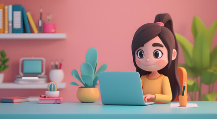 3d rendering female characters working at desk with laptop