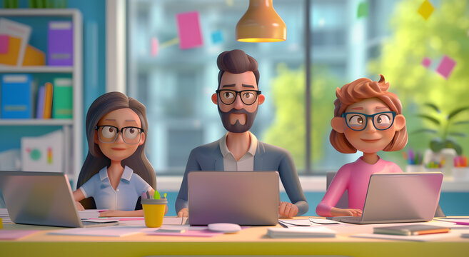 3d rendering office team characters working at desk with laptop