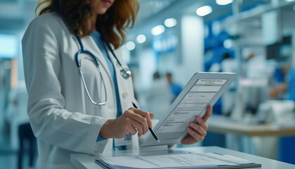 Patient Consent Forms Digitization, the digitization of patient consent forms with an image showing patients electronically signing documents on tablets or kiosks, AI  - obrazy, fototapety, plakaty