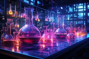 Technology and science background with test tubes, modern futuristic laboratory