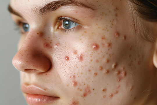 Young woman with acne and freckles on her face, closeup