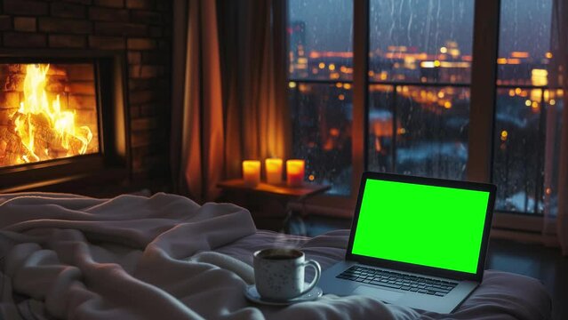 Laptop with replaceable chroma key screen in apartment bedroom before wide window with rainy cityscape, looped footage