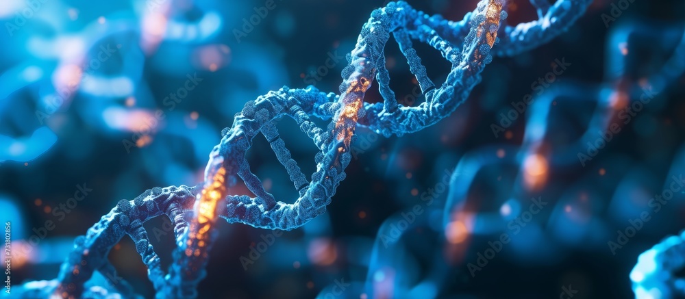 Poster a close-up image of a dna strand with an electric blue background, resembling a beautiful pattern in
