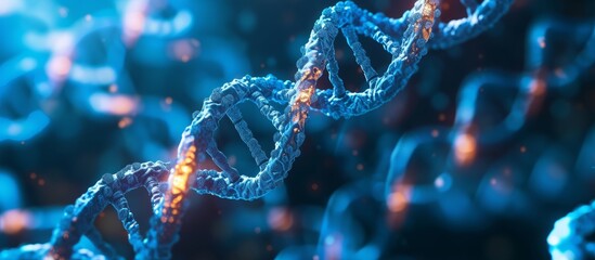A close-up image of a DNA strand with an electric blue background, resembling a beautiful pattern in the darkness of space. This art captures the intertwining of science and aesthetics.