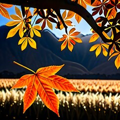 late autumn, falling leaves against the background of mountains
