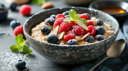 A comforting bowl of warm oatmeal topped with fresh berries, sliced almonds