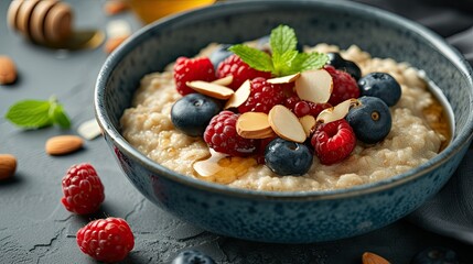 A comforting bowl of warm oatmeal topped with fresh berries, sliced almonds
