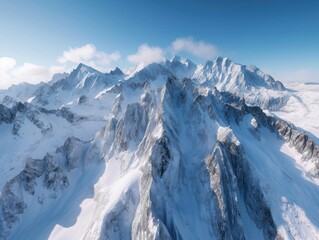 Aerial perspective of a majestic mountain range with snow-capped peaks