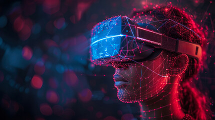 Futuristic virtual reality experience with a digital human face and VR headset illuminated in a network of glowing nodes and data streams - obrazy, fototapety, plakaty