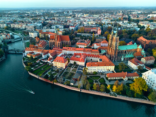 Aerial view on the Cathedral Island (Polish: Ostrow Tumski - the oldest part of the city of Wroclaw (German: Breslau) - city in southwestern Poland, historical region of Silesia, Poland, Europe