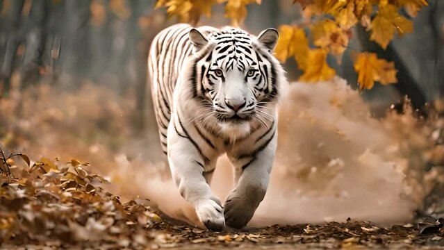 Majestic White Tiger Racing Through a Leafy Forest Generative AI