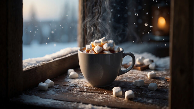 Hei&szlig;e Schokolade mit Marshmallows im Winterfenster