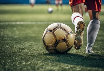 A soccer player kicks a soccer ball to score a goal in a match